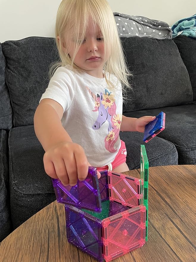 CreateOn Crayola Magnetic Tiles, Building Set for Kids, Magnetic Toys for Kids, Travel Toys, Classroom Sensory Toy Blocks, STEM & Montessori Tools for Boys & Girls Ages 3+, 14-Piece Set (Glitter)