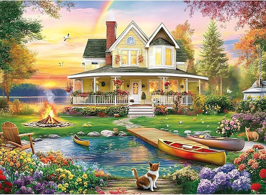 300 Piece Puzzle for Adults, Jigsaw Puzzle, Lakeside Villa with Cat and Garden, Family Kids and Adults Fun Gift, 20.5x15 in