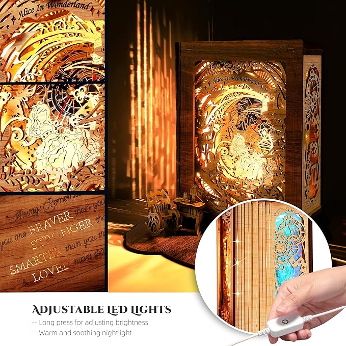Alice in Wonderland LED 3D Puzzle Nightlight - DIY Book Lamp with Clock - 3D Wood Puzzles Nightlight Home Décor for Kids and Adults