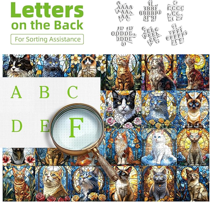 Blueforest 1000 Piece Puzzle for Adults - Stained Glass Cats Mosaic Art | Challenging Jigsaw Puzzle with Poster, Game Night Gift (27.6x19.7 Inch)