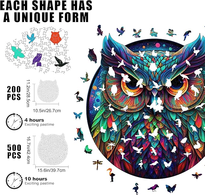 Mys Aurora Unique Wooden Jigsaw Puzzles - Cute Owl, 200 Pcs Medium Size 11.2'' x 10.5'', Luxurious Animal Shaped Wood Puzzle, Beautiful Package, Best Gift for Adults