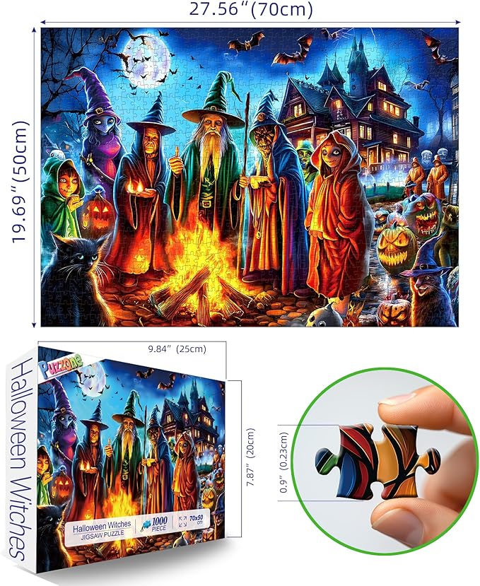 Halloween 1000 Piece Jigsaw Puzzle for Adults Witches' Spooky Bonfire Night Scene with Haunted House Bats Black Cats Pumpkins Scary Horror Ghosts Gothic Challenging Puzzle for Game Night (27.6"x19.7")