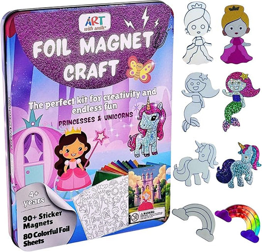 Foil Fun Art Kit for Kids - Reusable Princesses & Unicorns Foil Art for Girls & Boys, DIY Mess-Free Girls Craft Kit w/Magnets, Ideal Travel Toy & in Car Activities for Kids Ages 4 5 6 7 8 9 10 11 12