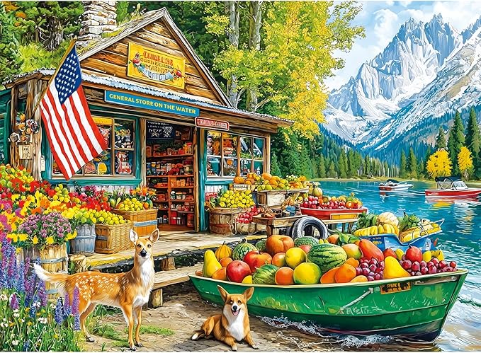 300 Piece Puzzles for Adults,Country Store Puzzles for Adults Children Seniors,Large Piece Dog Deer Fruit Puzzle for Kids Ages 8-10 10-12,Fun Challenging Landscape Family Puzzle Game Nights,20.5*15in