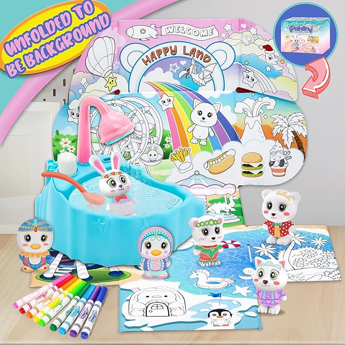 Trubic Kids Pet Washable Recolor Paint Arts and Crafts Toys, Creative DIY Painting Kits Set for Kids, Gift for Boys Girls Age 3 4 5 with 4 Figurines, 9 Washable Markers, 1 Brush & 1 Tub