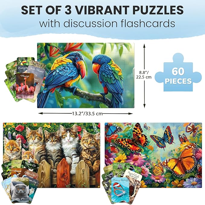 QUOKKA 60 Pieces Dementia Puzzles for Elderly - 3SET Large Piece Puzzles for Seniors - 9 Memory Flashcards with Facts I 25 Discussion Prompts per Puzzle - Alzheimer's Activities Products for Elderly