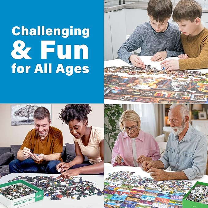 BenBen 1000 Piece Puzzle for Adults, 4 Pack Jigsaw Puzzles with Letters on Back, World Landscape, USA Landmarks, Dogs' Dinner Party, Jungle Parrots