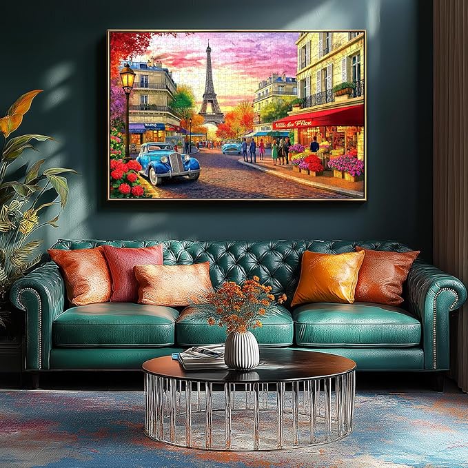 Paris Street Scene 1000 Piece Jigsaw Puzzle for Adults Eiffel Tower Cityscape with Vintage Cars Landscape Scenery Challenging Family Puzzle Perfect for Game Nights (27.5"X19.6")
