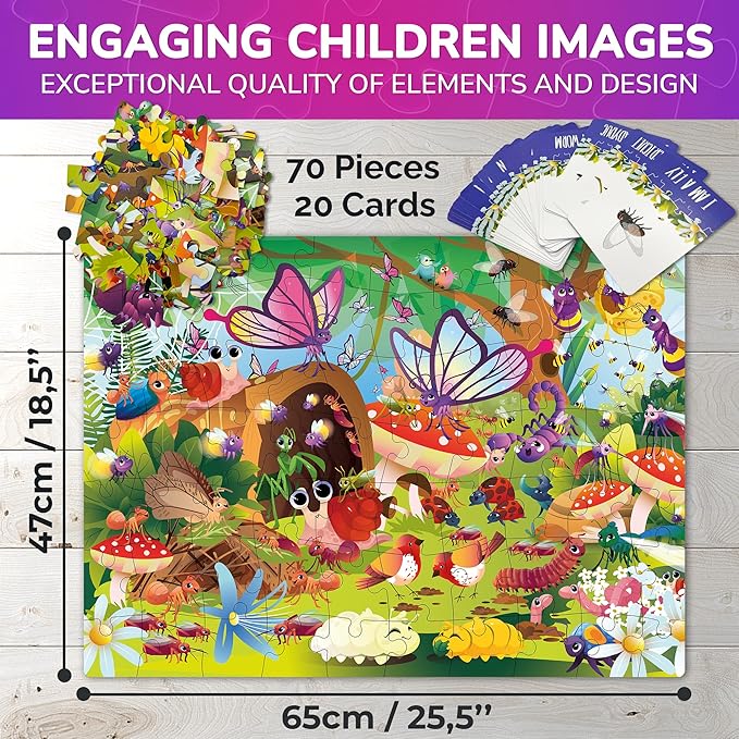 QUOKKA Search and Find Puzzles for Kids Ages 4-6 - Riddle Kids Puzzles 6-8 Years Old - 70 Unique Pcs - 20 Illustrated Guessing Cards - Engaging Children Themes - Bugs Puzzle Gift for Toddlers 3-5