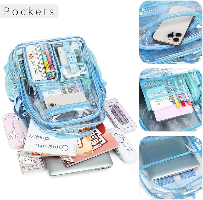 abshoo Large Clear Backpack For Girls Women Clear School Bookbag Heavy Duty Transparent Backpacks for Girl (Sky Blue)