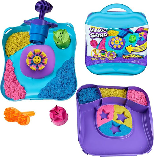 Kinetic Sand, SquishMotion with 1lb Pink, Yellow & Blue Play Sand, Stamper & 5 Tools, Storage Case, Sensory Toys, Holiday Gifts & Stocking Stuffers for Kids Ages 3 and up