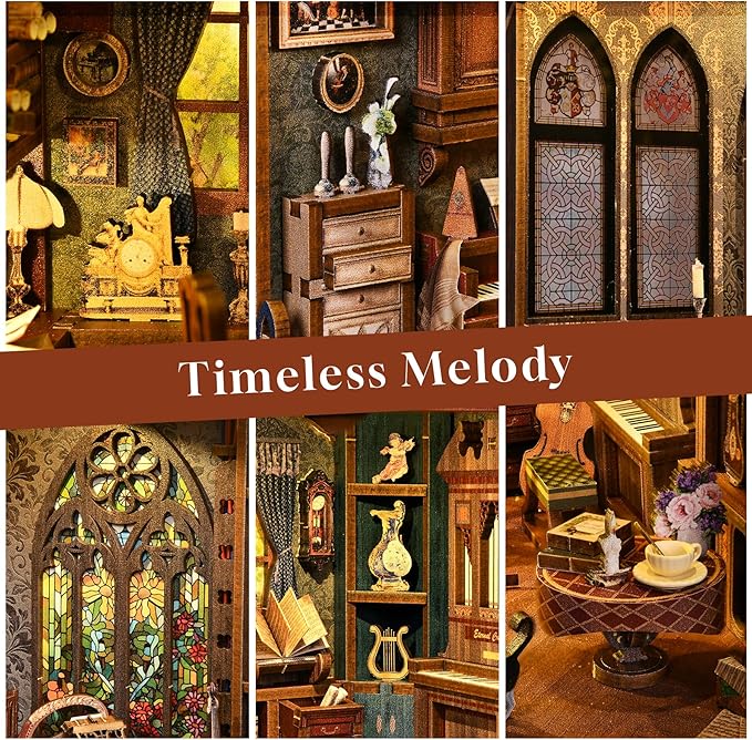 Timeless Melody Book Nook Kit, DIY Miniature Dollhouse Booknook Kit Music, 3D Wooden Puzzle Bookend Bookshelf Insert Decor with LED Light, Mini House Kit for Teens and Adults