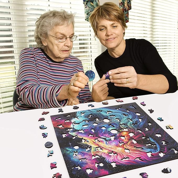 Mys Aurora Unique Wooden Jigsaw Puzzles - Starry Lion, 200 Pcs Medium Size 11.2'' x 11.2'', Luxurious Animal Shaped Wood Puzzle, Beautiful Package, Best Gift for Adults