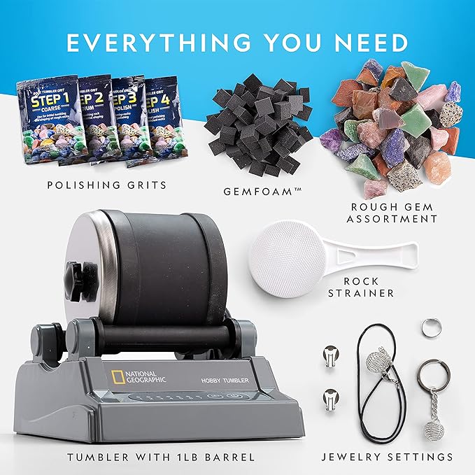 National Geographic Hobby Rock Tumbler Kit – Durable Leak-Proof Rock Polisher with 7-Day Timer, Complete Rock Tumbling Kit with Grit, Jewelry Settings & GemFoam Polish, Educational STEM Science Kit
