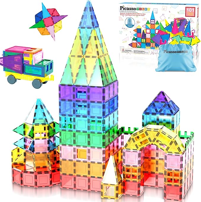 PicassoTiles 101 PCs Magnetic Tiles Building Blocks with Car & Drawstring Carry Bag Toy Storage Magnet Block for Toddlers Kids STEM Toy Set Educational Tile Learning Brain Development Ages 3+ PC101
