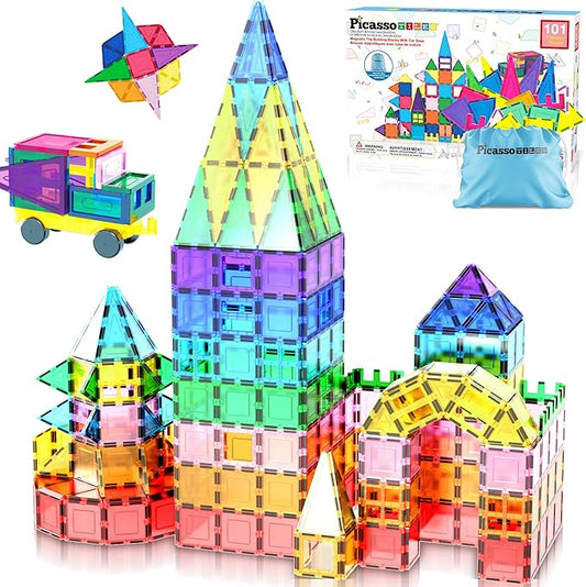 PicassoTiles 101 PCs Magnetic Tiles Building Blocks with Car & Drawstring Carry Bag Toy Storage Magnet Block for Toddlers Kids STEM Toy Set Educational Tile Learning Brain Development Ages 3+ PC101