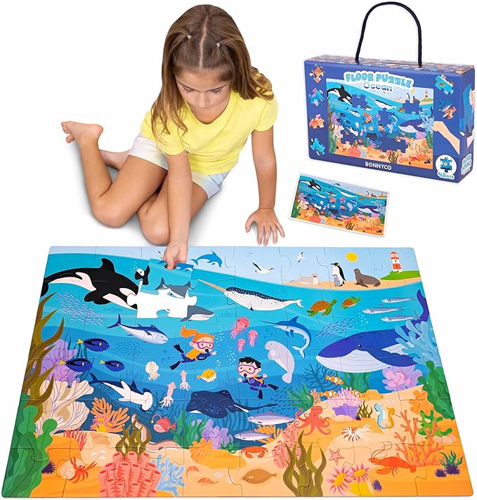 BONNYCO Giant Floor Puzzles for Kids of Sea Animals with 48 Large Pieces. Jumbo Puzzle 36.2 x 24.4 in, Gifts for Boys and Girls, Educational Kids Toys Ages 2-8