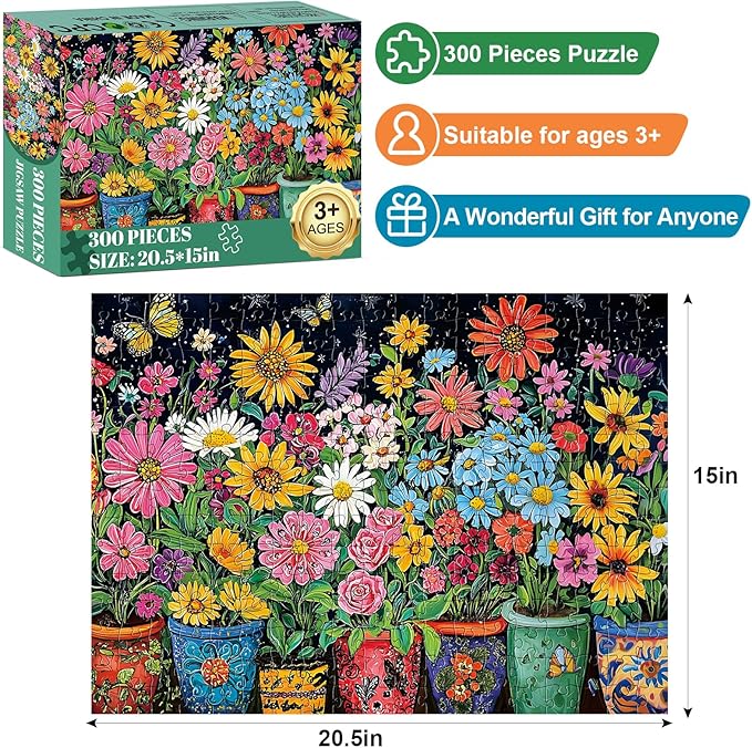 300 Piece Puzzles for Adults,Butterfly Flower Jigsaw Puzzle for Adults Kids Elderly,Large Piece Floral Puzzle for Kids Age 8-10 10-12,Fantasy Nature Landscape Puzzle,Family Game Great Gift 20.5x15in