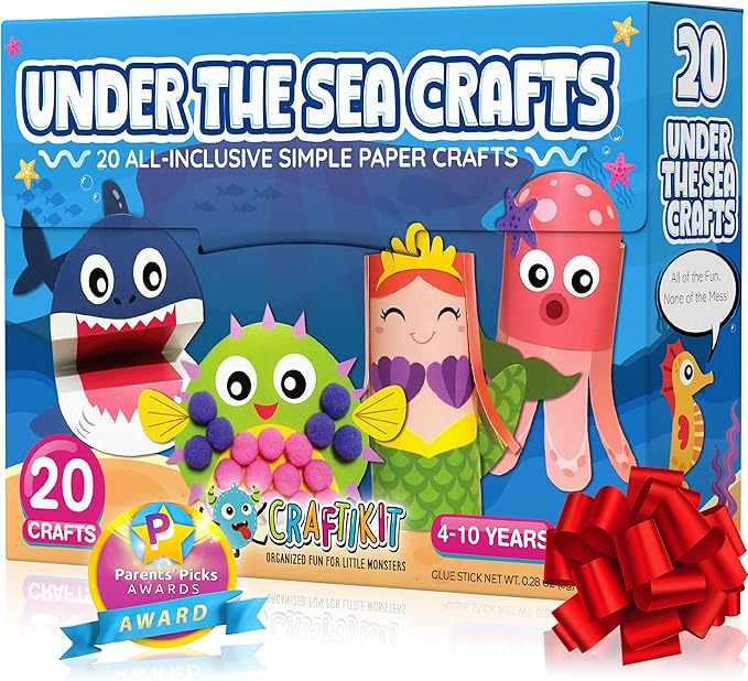 Craftikit® 20 Award-Winning Under The Sea Toddler Arts and Crafts for Girls Ages 4-8, Paper Craft Kits, Sea Animals, Mermaid Crafts for Girls Ages 4-6, Boys, Preschool Craft Supplies for Kids