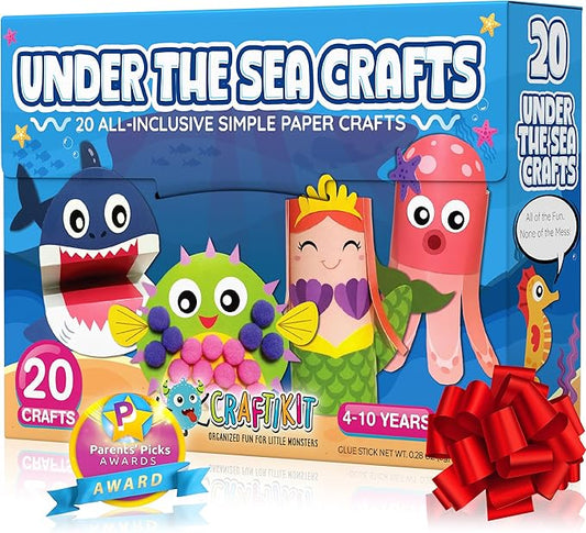 Craftikit® 20 Award-Winning Under The Sea Toddler Arts and Crafts for Girls Ages 4-8, Paper Craft Kits, Sea Animals, Mermaid Crafts for Girls Ages 4-6, Boys, Preschool Craft Supplies for Kids