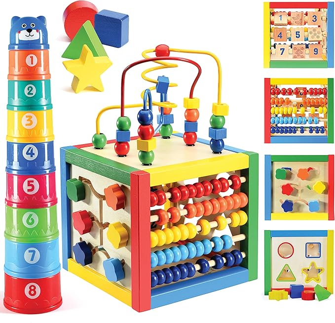 Wooden Activity Play Cube 6 in-1 for Baby with Removable Bead Maze, Shape Sorter, Abacus Counting Beads & Numbers, Sliding Shapes, 8Pcs Stacking Cups – Play22