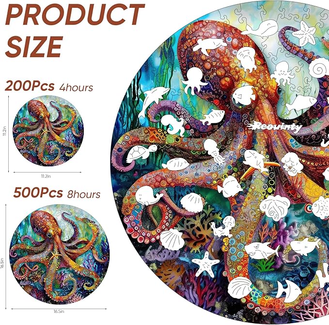 Wooden Puzzle for Adults 500pcs, Octopus Wooden Jigsaw Puzzles, Unique Shape Animal Adult Puzzles, Irregular Wood Puzzles Best Gift for Adults and Kids Family Game(15.6 * 15.6 in)
