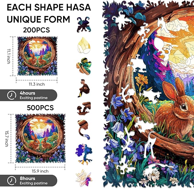 Rabbit Sunrise Wooden Puzzles, 200 Pieces Jigsaw Puzzles 11.3 x11.1 inch, Unique Design Wooden Puzzles for Adults and Kids, Family Game Gift