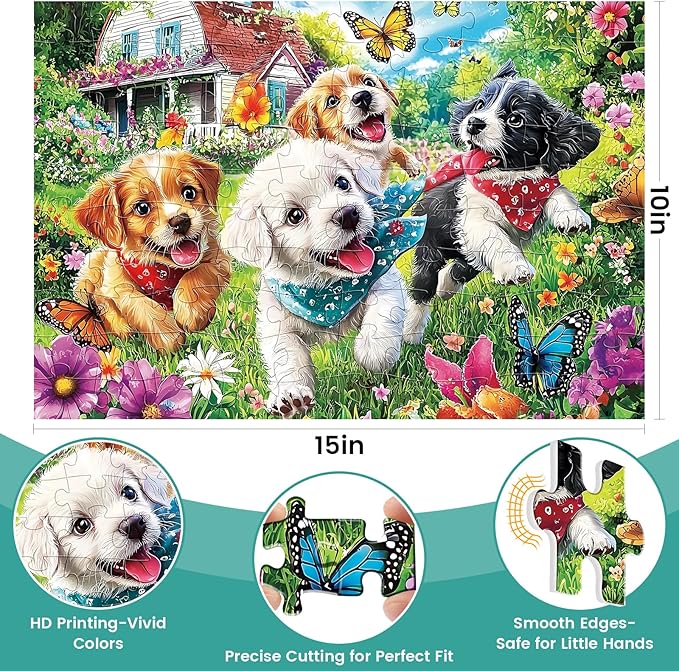 3-Pack 100 Piece Puzzles for Kids,Running Dogs Elephant Mushroom Puzzle for Kids Age 4-6 6-8 8-10,Unique Large Piece Jigsaw Puzzle,Recycled Paper,Bright & Colorful Educational Puzzle,Boys Girls Gift