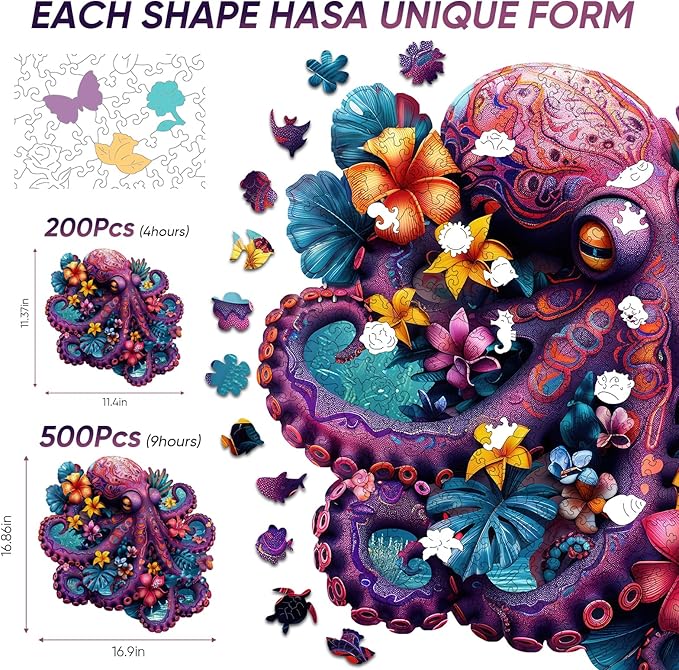 Octopus Wooden Puzzle for Adults, Ocean Jigsaw Puzzles 500 Piece, Unique Shapes Family Reunion Puzzle for Adults and Kids, Beautiful Package, Best Gift for Family Friends Royal 17.3x16.6in
