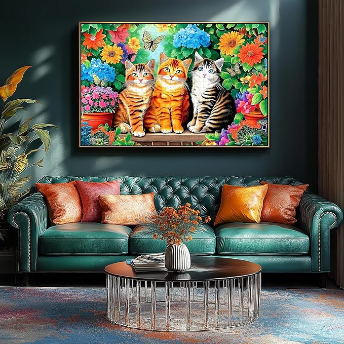 Garden Cats 1000 Piece Jigsaw Puzzle for Adults Colorful Floral Landscape with Butterflies Flowers Cute Fun Kittens Challenging Art Puzzle Home Decor Gift 27.6x19.7