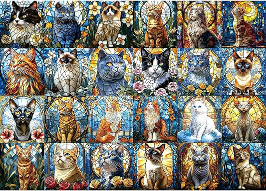 Blueforest 1000 Piece Puzzle for Adults - Stained Glass Cats Mosaic Art | Challenging Jigsaw Puzzle with Poster, Game Night Gift (27.6x19.7 Inch)