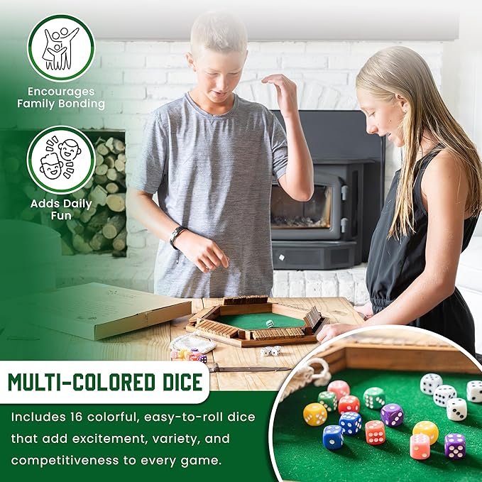 Sam & Evie 1-6 Player Shut The Box Game Wooden Close The Box Dice Game Board with Folding Tiles – Classic Family Table Game for Adults, Kids, Party, Travel, Classroom – 4 to 6 Person Play