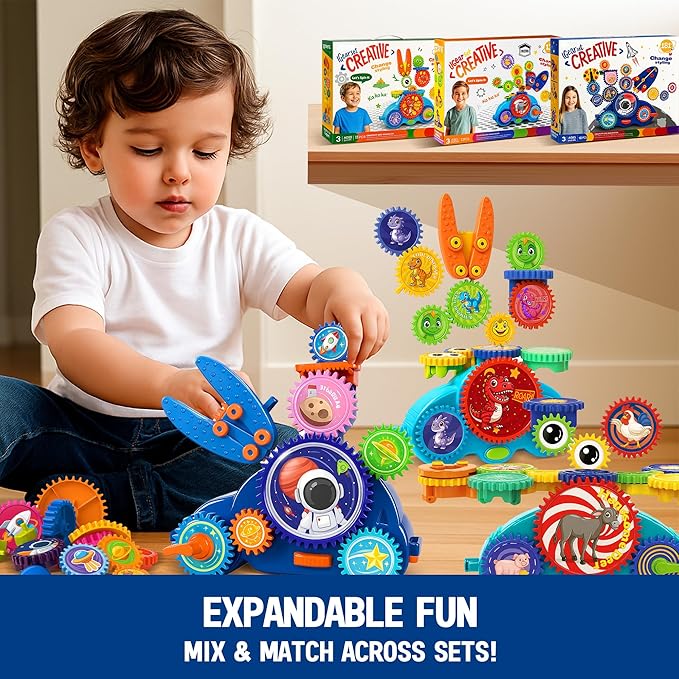 Motorized Spinning Gear Building Toys for Kids, Space Rocket STEM Construction Set, Educational Interlocking Building Blocks Puzzle | Gear Toys for Toddlers Ages 3-8