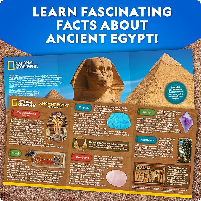 National Geographic Ancient Egypt Dig Kit – Includes Pyramid, Sphinx & Pharaoh-Shaped Dig Bricks with Real Gemstones & Replica Artifacts, Tools & Learning Guide for Kids, Science Kits for Kids