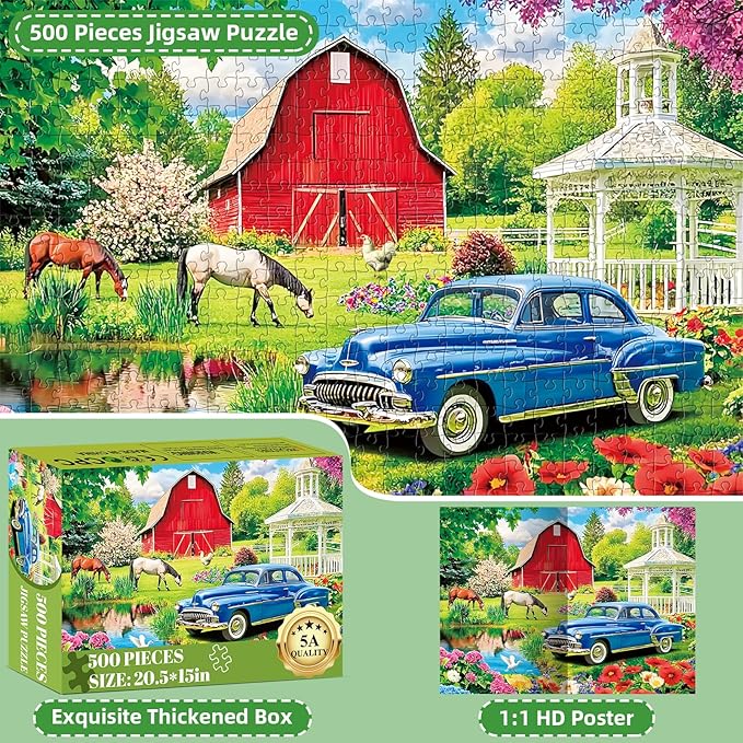 Puzzles for Adults 500 Pieces,Farm Horse Puzzle for Adult,Flowers Rooster Barn Truck Themed Jigsaw Puzzle,Country Life Puzzle for Seniors Kids,Puzzles for Family Game Nights, 20.5x15 in