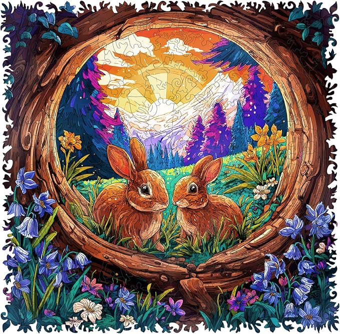 Wooden Puzzles for Adults 500 Pieces, Rabbit Sunrise Jigsaw Puzzles, Unique Design Adult Puzzles for Family Brain Game Gift,15.9x15.7 inch