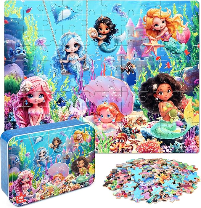Mermaid Princess Puzzles for Kids Ages 4-8, 100 Pieces Jigsaw Puzzles for Kids Ages 3-5 Puzzle for Girls and Boys Learning Educational Puzzles Toys in a Metal Box