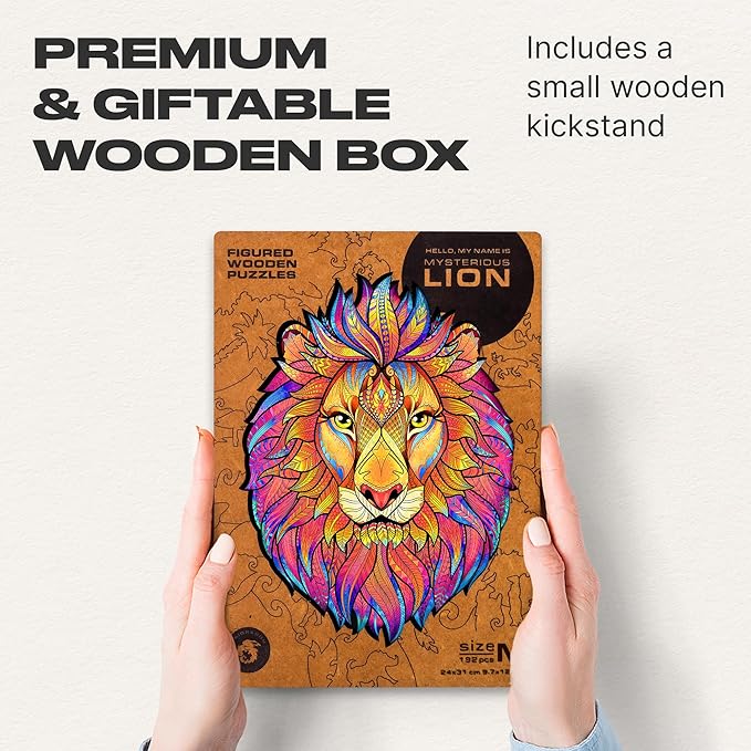 UNIDRAGON Wooden Puzzles for Adults Unique Jigsaw Puzzles - Medium Mysterious Lion Big 9.7"x12.5" 192 PCS Deko with Cut 0.03 mm Wood Accuracy Animal