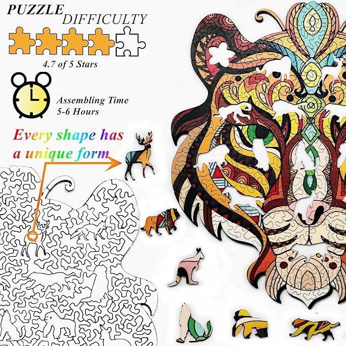 Wooden Jigsaw Puzzle for Adults,Tiger Animals Shaped Magic Puzzle Pieces Best Gift for Adults,Can be Used as a Cool Mouse Pad,220pcs,(13.97 * 12.99 inches)