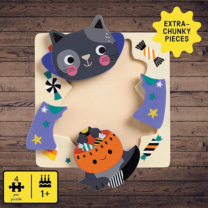 Mudpuppy Spooky Friends – Set of 4 Wooden 4 Piece Puzzles Featuring A Colorful Halloween Scene with Adorable Characters Perfect for Toddlers, Montessori Toys for 1-3+, FSC Certified