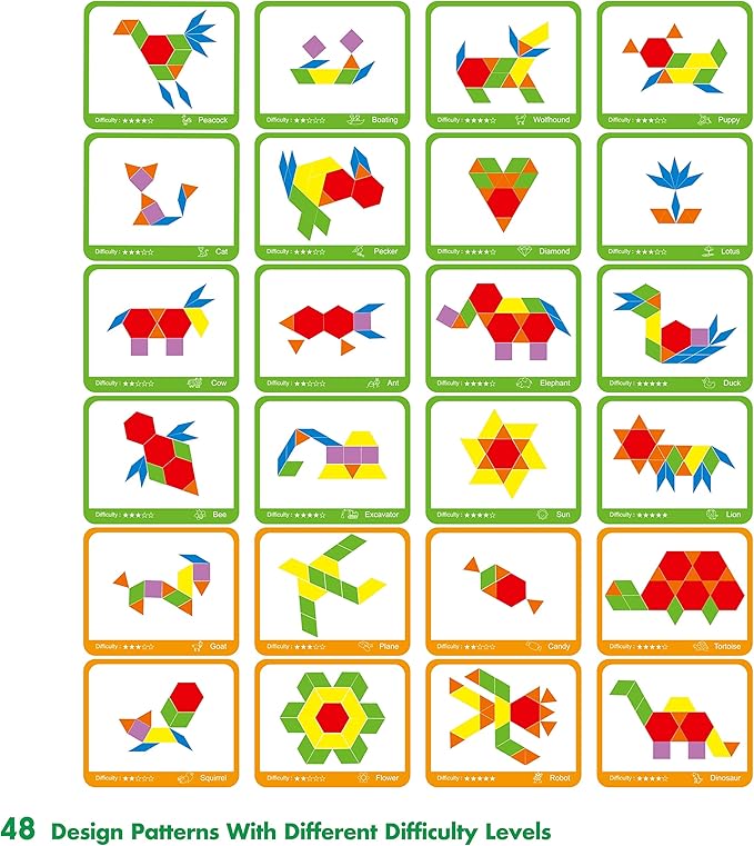 300 PCS Wooden Pattern Blocks Set for Kids with 24 Double-Sided Design Cards(48 Patterns) and Storage Bag in Gift Box,Fun Montessori Learning Toys