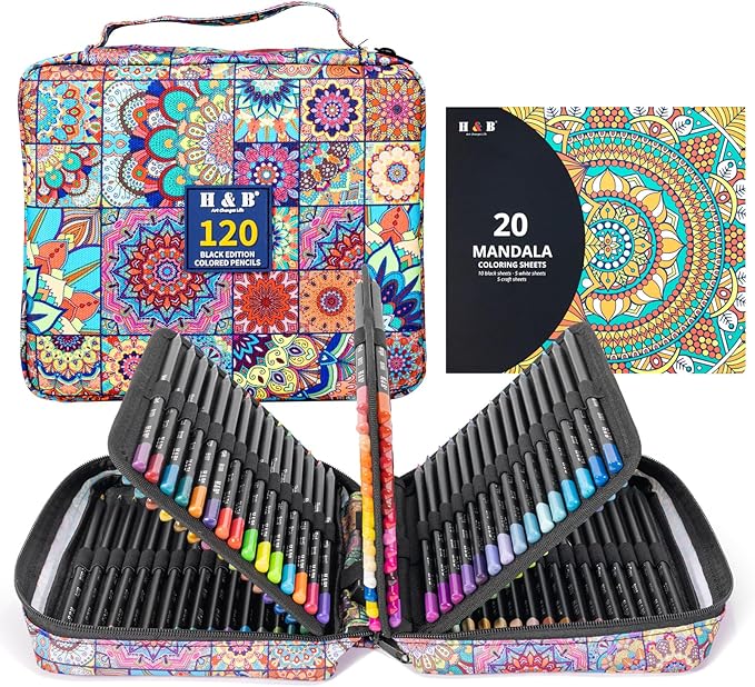 H & B 120-Color Black Wood Colored Pencils Set with Coloring Book, Eraser, Sharpener - Drawing and Coloring - Artist-Grade Soft Oil-Based Cores - Works on Black Paper