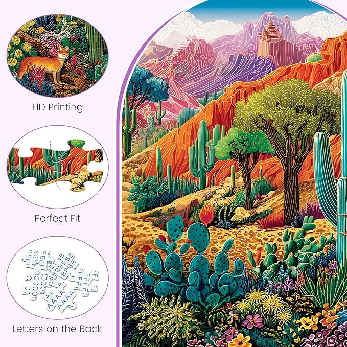 500 Piece Jigsaw Puzzles for Adults, Colorful Desert 500 Piece Puzzle, Vibrant Landscape with Cacti, Fox and Mountains Jigsaw Puzzles, Relaxing Gift for Adults, Kids, Seniors, 20.5 x 15 in