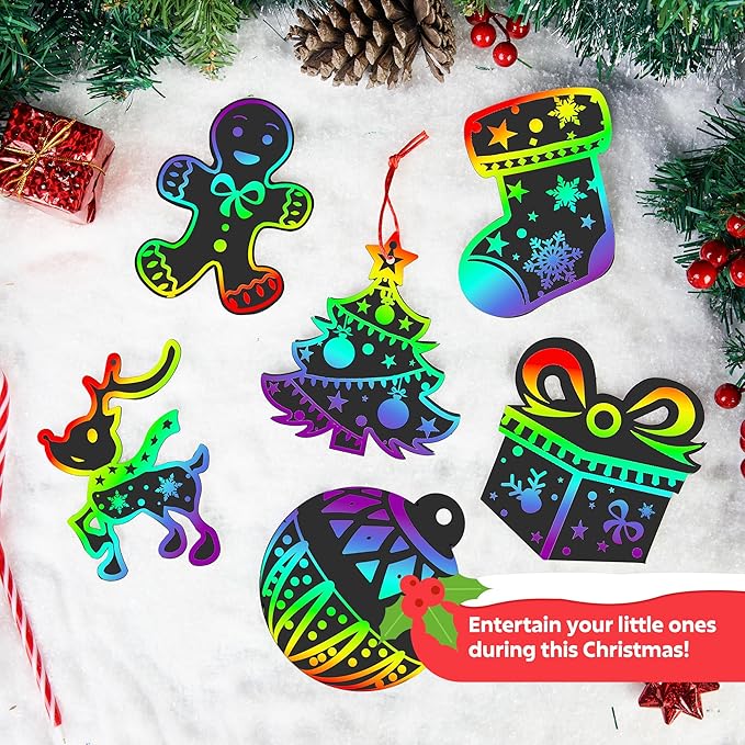 JOYIN 120 Pcs Christmas Scratch Art Ornaments, Rainbow Color Scratch Paper Craft Kit, Christmas Hanging Ornament, Scratch Off DIY Arts & Crafts Kit for Kids, Holiday Crafts Party Favor