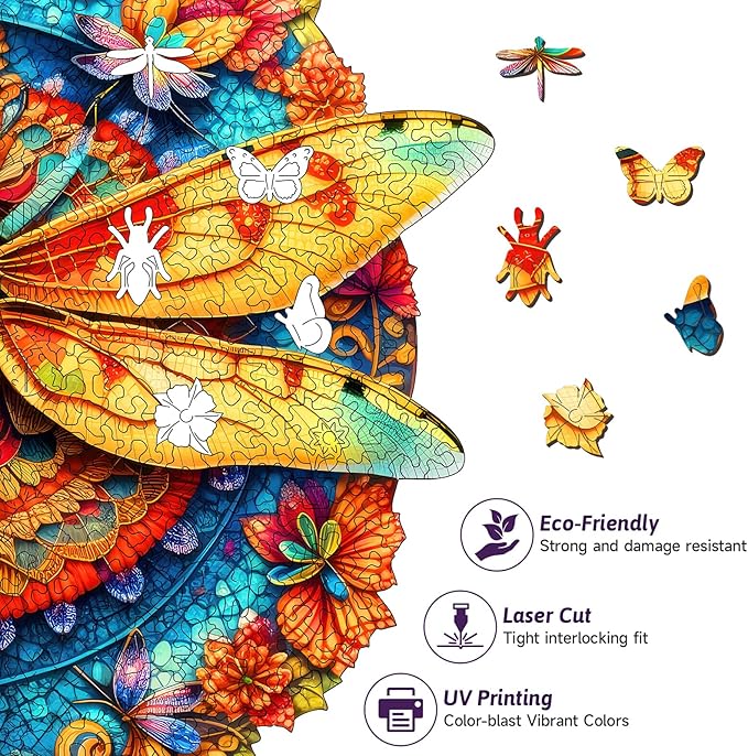 Colorful Dragonfly Wooden Puzzle, 45x40cm Unique Animal Shaped Wood Jigsaw Puzzle, 467 Pieces Large Size Adult Wooden Puzzles, Artistic Insect & Floral Puzzle, Ideal for Adults