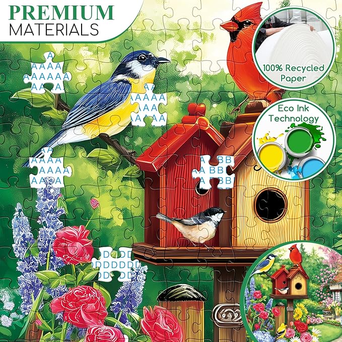 300 Piece Puzzles for Adults, Garden Birds Birdhouse Village Puzzle for Adults Kids Seniors,Large Piece Funny Puzzle for Kids Ages 8-10 10-12,Flowers House Puzzles Perfect for Game Nights,20.5x15 in