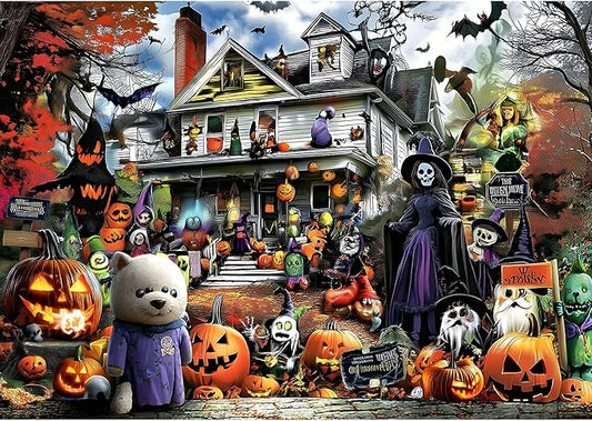 Halloween Haunted House Puzzle for Adults 1000 Piece Spooky Horror Jigsaw Puzzle Ghosts Bats Challenging Gothic Puzzle Scary Ghost House Fun Adult Games Halloween Party Decoration (27.6"x19.7")