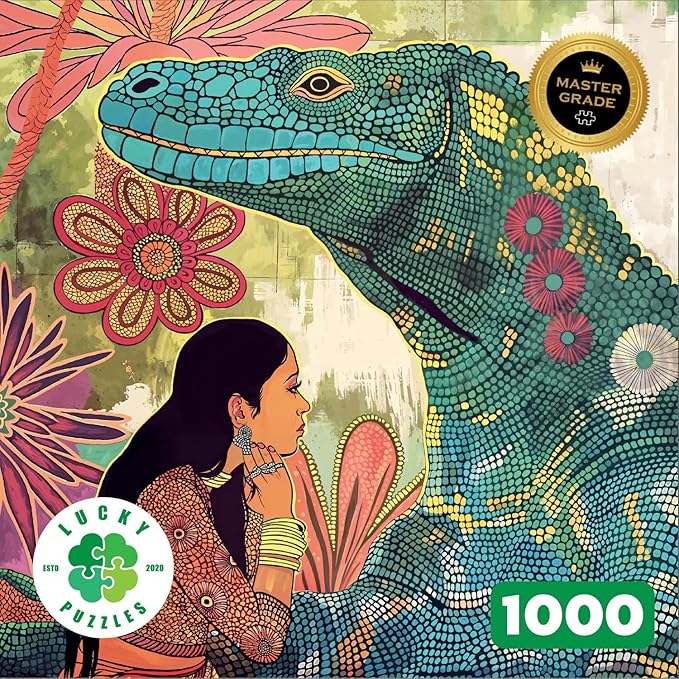 Lucky Puzzles - Komodo’s Silent Blessing - 1000 Piece Jigsaw Puzzle for Adults | Spiritual Puzzle of Woman and Komodo Dragon | Challenging Puzzle for Nature & Animal Lovers