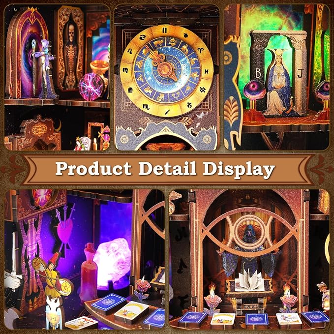 Book Nook Kit - Fantasy Tarot 3D Wooden Puzzle for Adults, Teens & Beginners, DIY Miniature Bookshelf Insert with LED Light, Mysterious Craft Gift for Model Builders