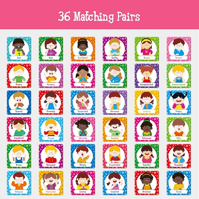 72 PCS Emotions Matching Game, 36 Pairs Feelings Memory Matching Cards Emotional Learning Activities Calm Down Corner Supplies for Baby Toddler Pre-K Preschool Kindergarten Autism ADHD